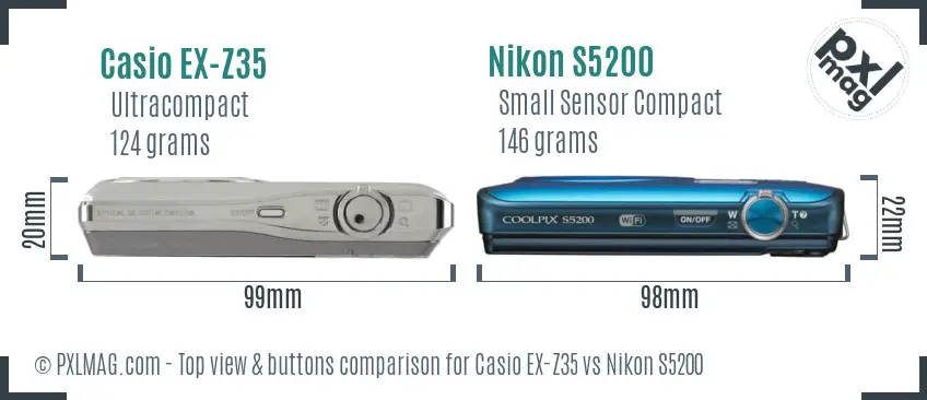 Casio EX-Z35 vs Nikon S5200 top view buttons comparison