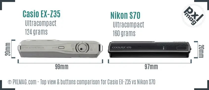 Casio EX-Z35 vs Nikon S70 top view buttons comparison