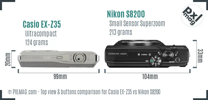 Casio EX-Z35 vs Nikon S8200 top view buttons comparison