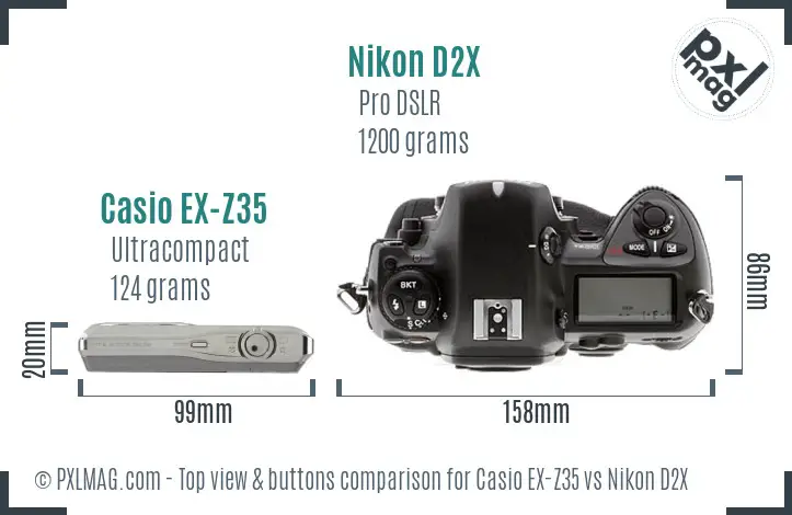 Casio EX-Z35 vs Nikon D2X top view buttons comparison