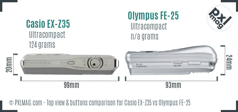 Casio EX-Z35 vs Olympus FE-25 top view buttons comparison Casio EX-Z35 vs Olympus FE-25 top view buttons comparison