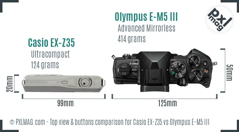 Casio EX-Z35 vs Olympus E-M5 III top view buttons comparison