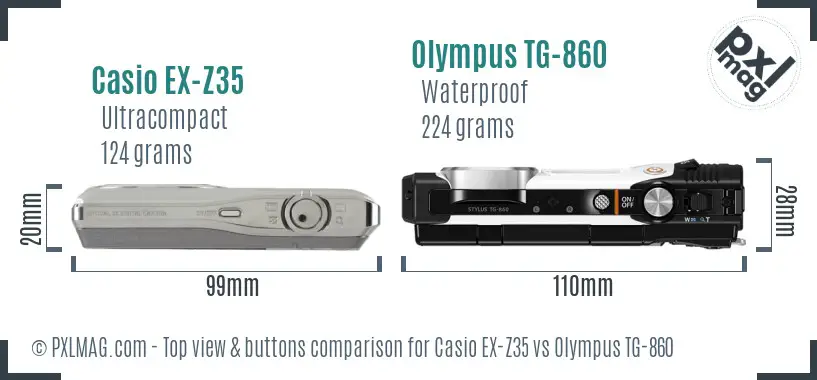 Casio EX-Z35 vs Olympus TG-860 top view buttons comparison Casio EX-Z35 vs Olympus TG-860 top view buttons comparison