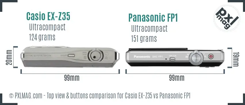 Casio EX-Z35 vs Panasonic FP1 top view buttons comparison Casio EX-Z35 vs Panasonic FP1 top view buttons comparison