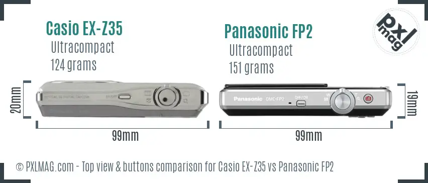 Casio EX-Z35 vs Panasonic FP2 top view buttons comparison Casio EX-Z35 vs Panasonic FP2 top view buttons comparison
