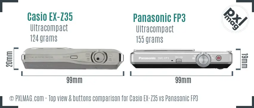 Casio EX-Z35 vs Panasonic FP3 top view buttons comparison Casio EX-Z35 vs Panasonic FP3 top view buttons comparison