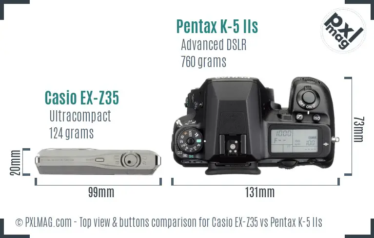 Casio EX-Z35 vs Pentax K-5 IIs top view buttons comparison