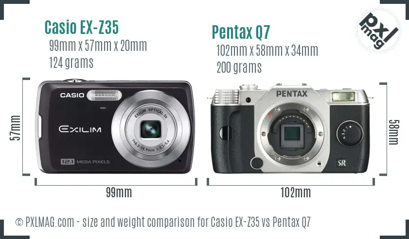 Casio EX-Z35 vs Pentax Q7 size comparison Casio EX-Z35 vs Pentax Q7 size comparison