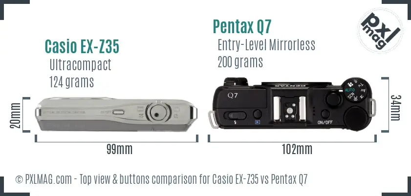 Casio EX-Z35 vs Pentax Q7 top view buttons comparison