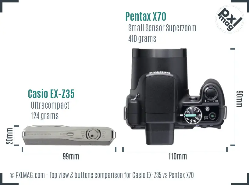 Casio EX-Z35 vs Pentax X70 top view buttons comparison