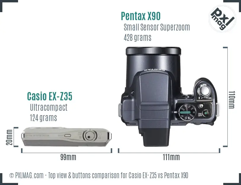 Casio EX-Z35 vs Pentax X90 top view buttons comparison Casio EX-Z35 vs Pentax X90 top view buttons comparison