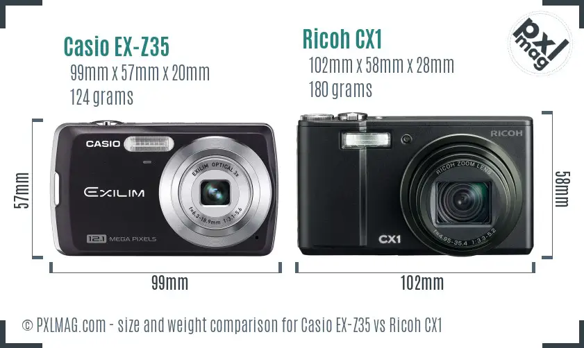 Casio EX-Z35 vs Ricoh CX1 size comparison