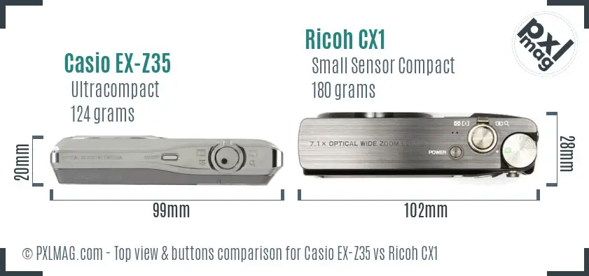 Casio EX-Z35 vs Ricoh CX1 top view buttons comparison