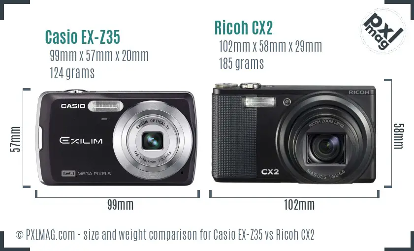 Casio EX-Z35 vs Ricoh CX2 size comparison