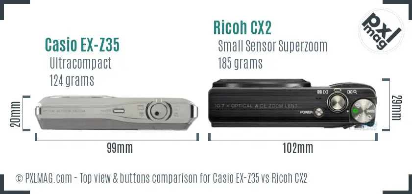 Casio EX-Z35 vs Ricoh CX2 top view buttons comparison