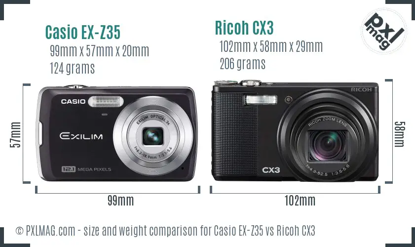 Casio EX-Z35 vs Ricoh CX3 size comparison Casio EX-Z35 vs Ricoh CX3 size comparison