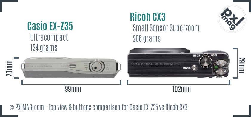 Casio EX-Z35 vs Ricoh CX3 top view buttons comparison
