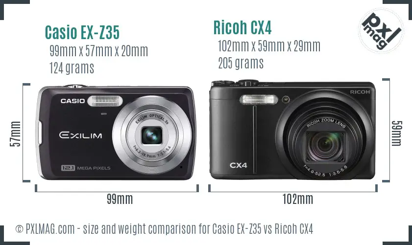 Casio EX-Z35 vs Ricoh CX4 size comparison