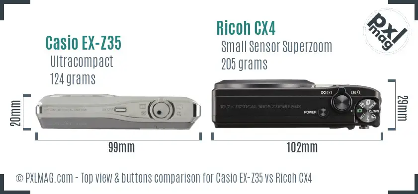 Casio EX-Z35 vs Ricoh CX4 top view buttons comparison