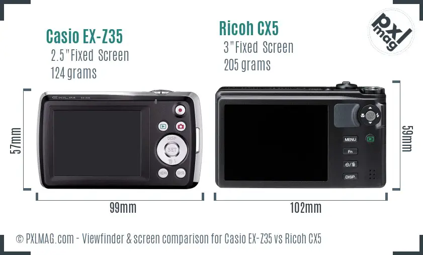 Casio EX-Z35 vs Ricoh CX5 Screen and Viewfinder comparison