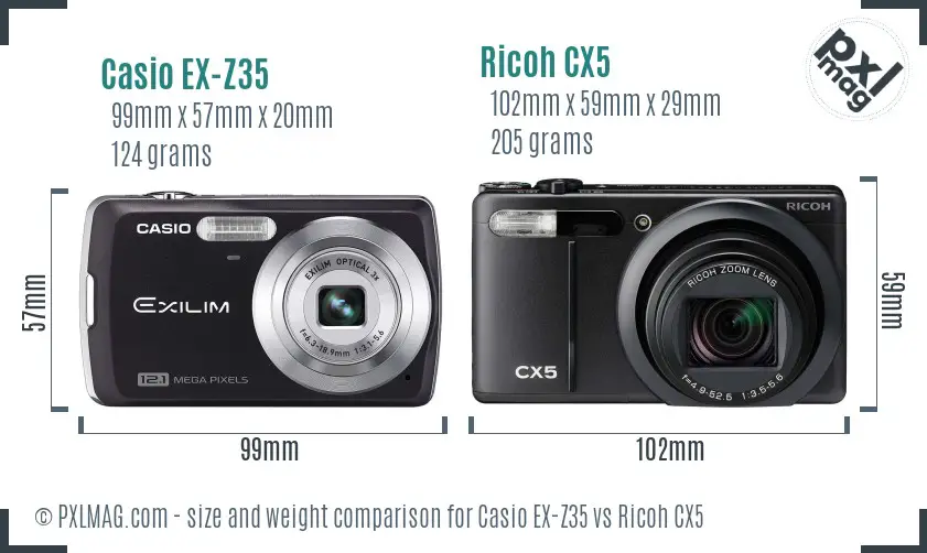 Casio EX-Z35 vs Ricoh CX5 size comparison