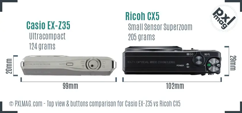 Casio EX-Z35 vs Ricoh CX5 top view buttons comparison