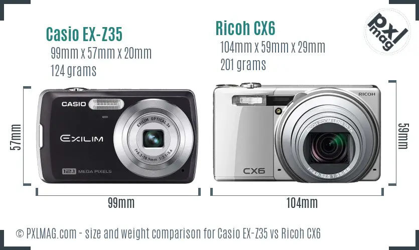 Casio EX-Z35 vs Ricoh CX6 size comparison Casio EX-Z35 vs Ricoh CX6 size comparison