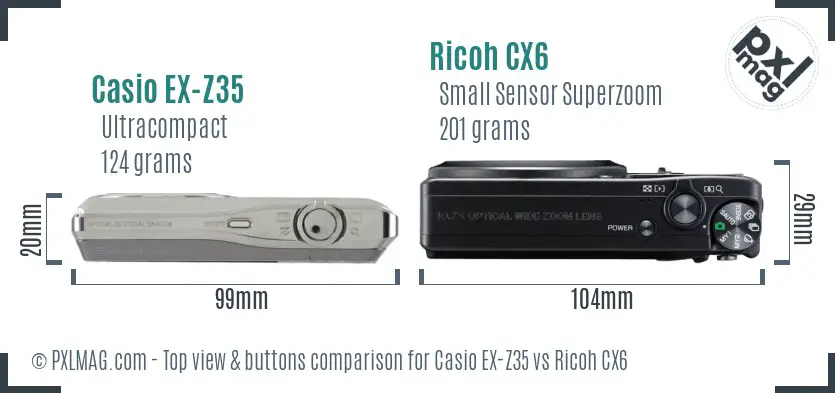 Casio EX-Z35 vs Ricoh CX6 top view buttons comparison