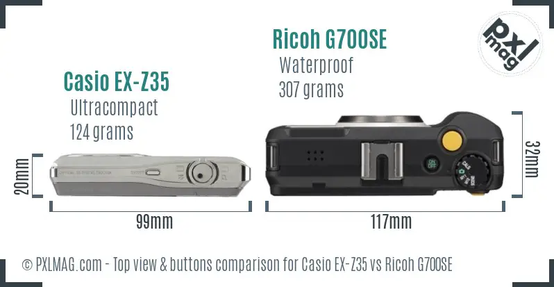 Casio EX-Z35 vs Ricoh G700SE top view buttons comparison Casio EX-Z35 vs Ricoh G700SE top view buttons comparison