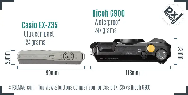 Casio EX-Z35 vs Ricoh G900 top view buttons comparison Casio EX-Z35 vs Ricoh G900 top view buttons comparison