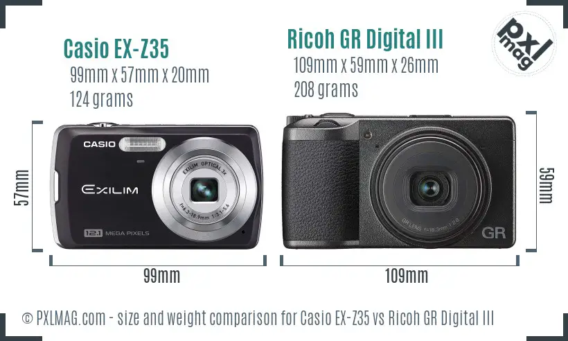 Casio EX-Z35 vs Ricoh GR Digital III size comparison Casio EX-Z35 vs Ricoh GR Digital III size comparison