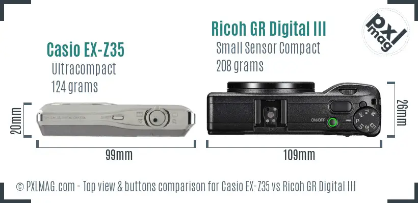 Casio EX-Z35 vs Ricoh GR Digital III top view buttons comparison Casio EX-Z35 vs Ricoh GR Digital III top view buttons comparison