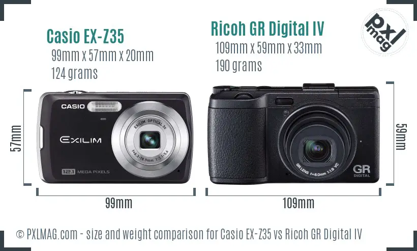 Casio EX-Z35 vs Ricoh GR Digital IV size comparison