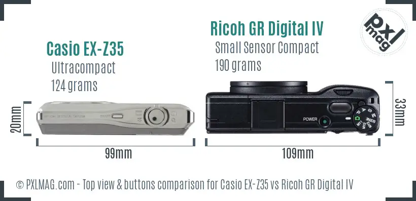 Casio EX-Z35 vs Ricoh GR Digital IV top view buttons comparison