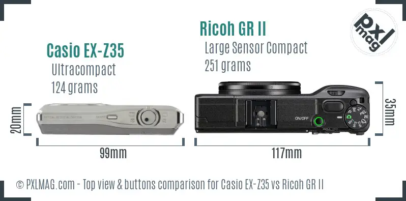 Casio EX-Z35 vs Ricoh GR II top view buttons comparison Casio EX-Z35 vs Ricoh GR II top view buttons comparison