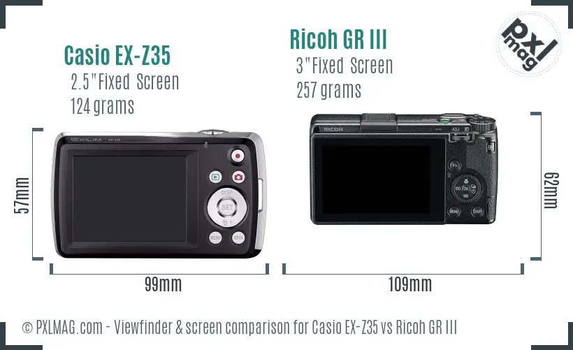 Casio EX-Z35 vs Ricoh GR III Screen and Viewfinder comparison