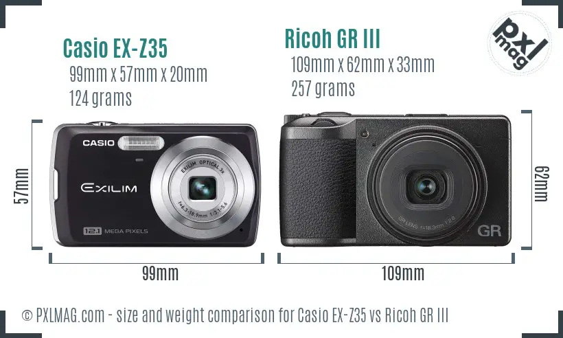 Casio EX-Z35 vs Ricoh GR III size comparison