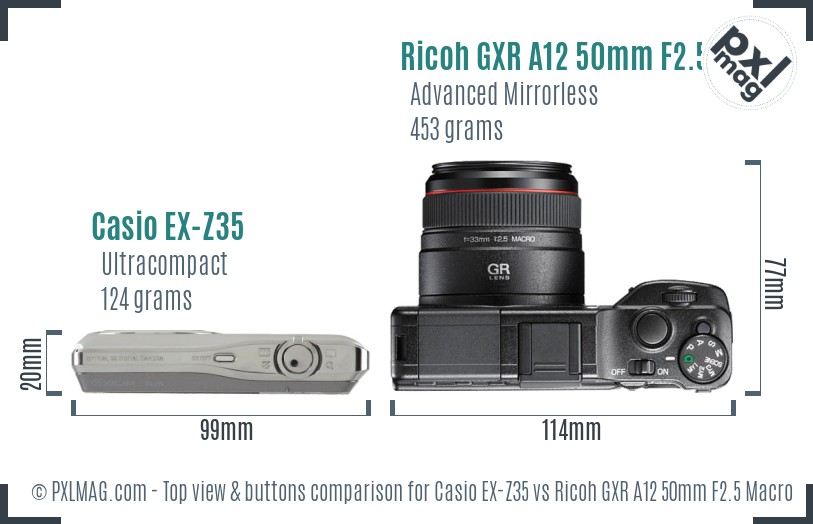 Casio EX-Z35 vs Ricoh GXR A12 50mm F2.5 Macro top view buttons comparison