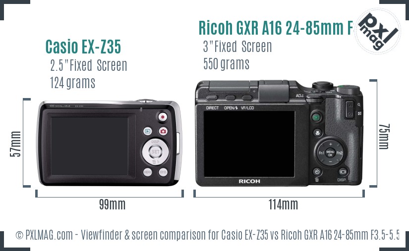 Casio EX-Z35 vs Ricoh GXR A16 24-85mm F3.5-5.5 Screen and Viewfinder comparison
