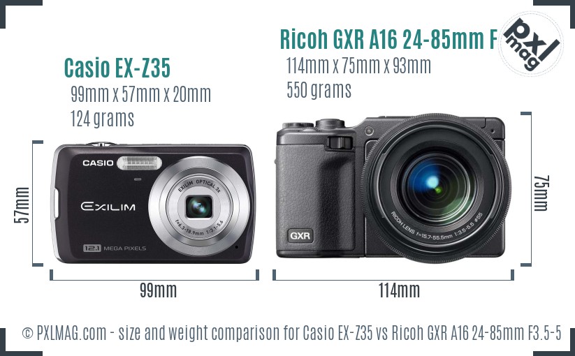 Casio EX-Z35 vs Ricoh GXR A16 24-85mm F3.5-5.5 size comparison Casio EX-Z35 vs Ricoh GXR A16 24-85mm F3.5-5.5 size comparison