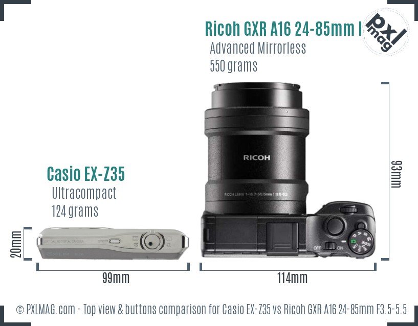 Casio EX-Z35 vs Ricoh GXR A16 24-85mm F3.5-5.5 top view buttons comparison