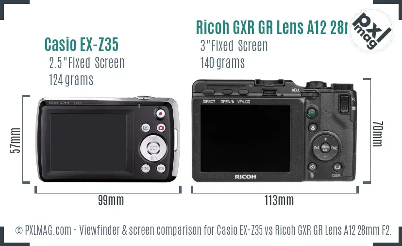 Casio EX-Z35 vs Ricoh GXR GR Lens A12 28mm F2.5 Screen and Viewfinder comparison