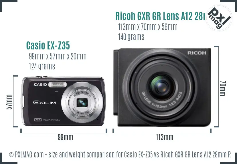 Casio EX-Z35 vs Ricoh GXR GR Lens A12 28mm F2.5 size comparison