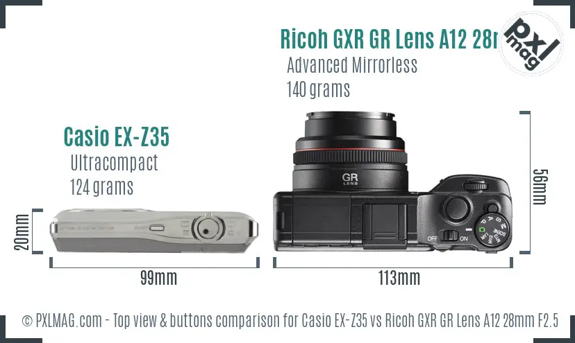 Casio EX-Z35 vs Ricoh GXR GR Lens A12 28mm F2.5 top view buttons comparison
