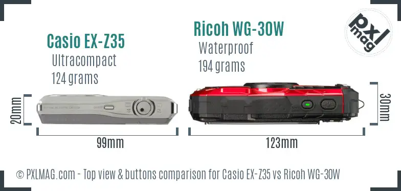 Casio EX-Z35 vs Ricoh WG-30W top view buttons comparison