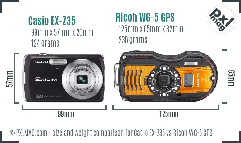 Casio EX-Z35 vs Ricoh WG-5 GPS size comparison