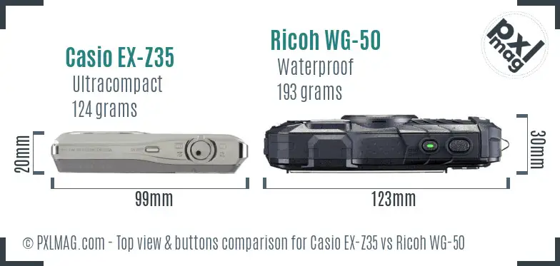 Casio EX-Z35 vs Ricoh WG-50 top view buttons comparison