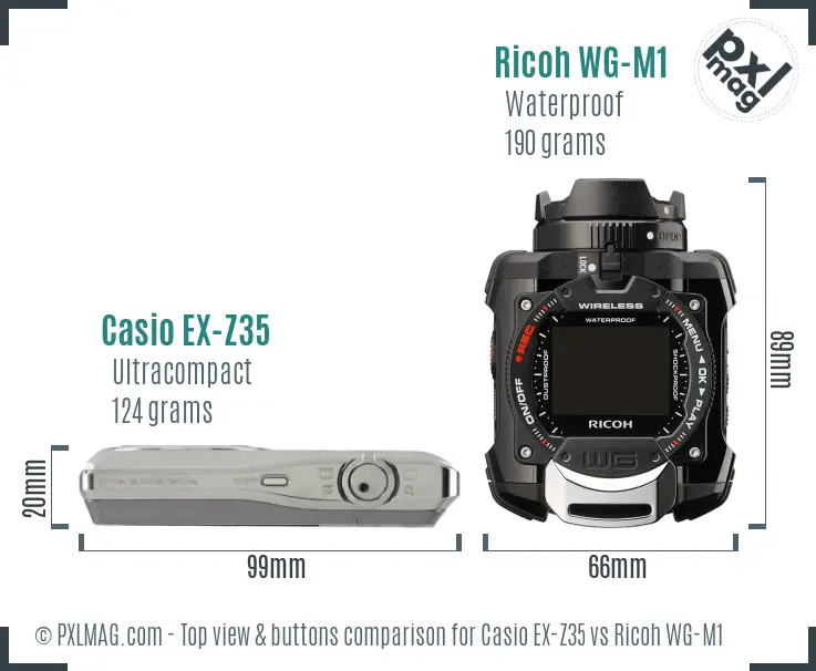 Casio EX-Z35 vs Ricoh WG-M1 top view buttons comparison Casio EX-Z35 vs Ricoh WG-M1 top view buttons comparison