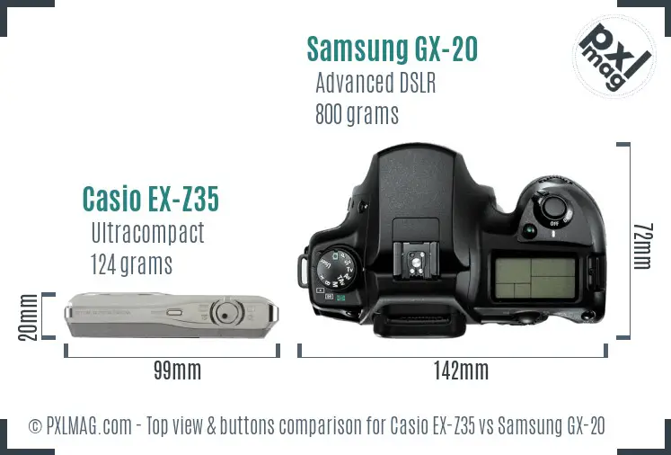 Casio EX-Z35 vs Samsung GX-20 top view buttons comparison Casio EX-Z35 vs Samsung GX-20 top view buttons comparison