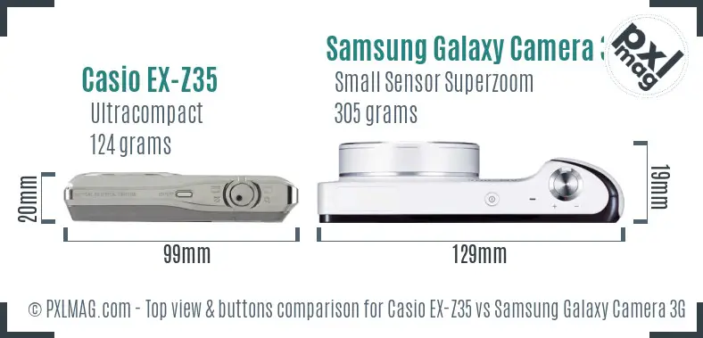 Casio EX-Z35 vs Samsung Galaxy Camera 3G top view buttons comparison Casio EX-Z35 vs Samsung Galaxy Camera 3G top view buttons comparison
